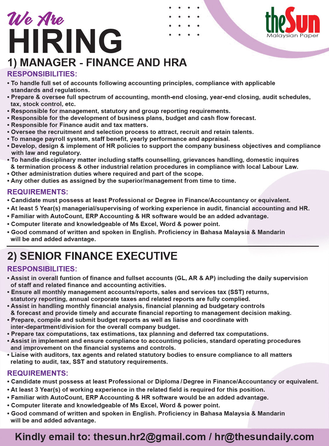 MANAGER FINANCE & HRA Cover